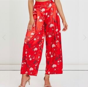 Charlie Holiday Floral Dragon Paradiso Red Satin Wide-leg Pants W/Pockets Size 4